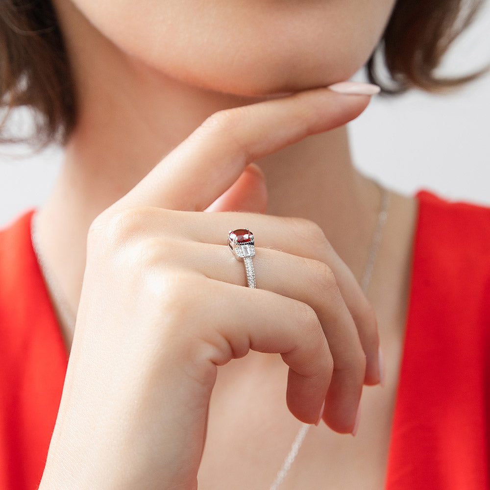 Model wearing Art Deco Red CZ Ring in Sterling Silver, 7 of 10