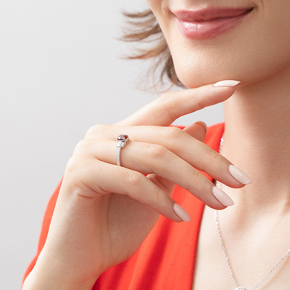 Model wearing Art Deco Red CZ Ring in Sterling Silver, 6 of 10