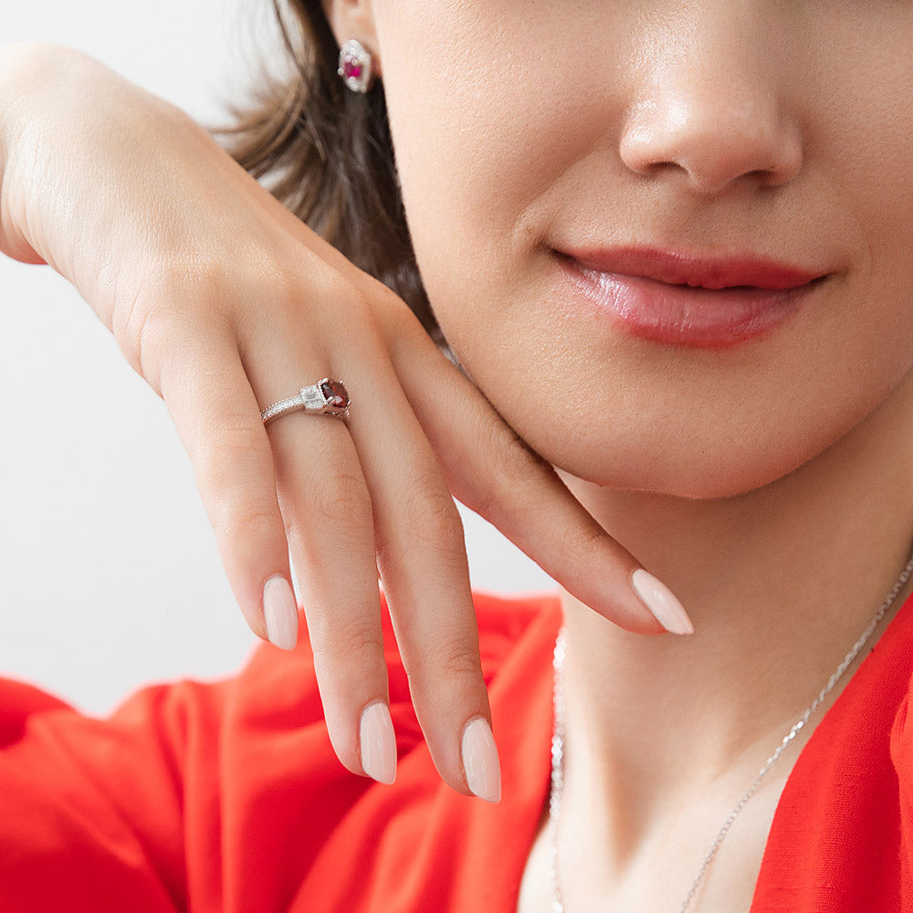 Model wearing Art Deco Red CZ Ring in Sterling Silver, 2 of 10