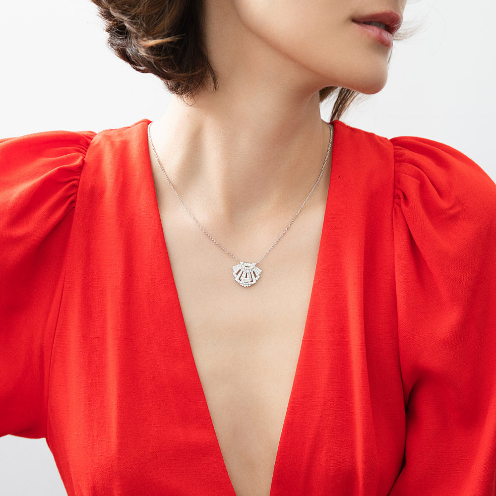 Model wearing Art Deco CZ Pendant Necklace in Sterling Silver, 2 of 7