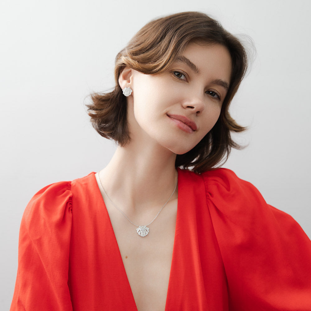 Model wearing Art Deco CZ Pendant Necklace in Sterling Silver, 5 of 7