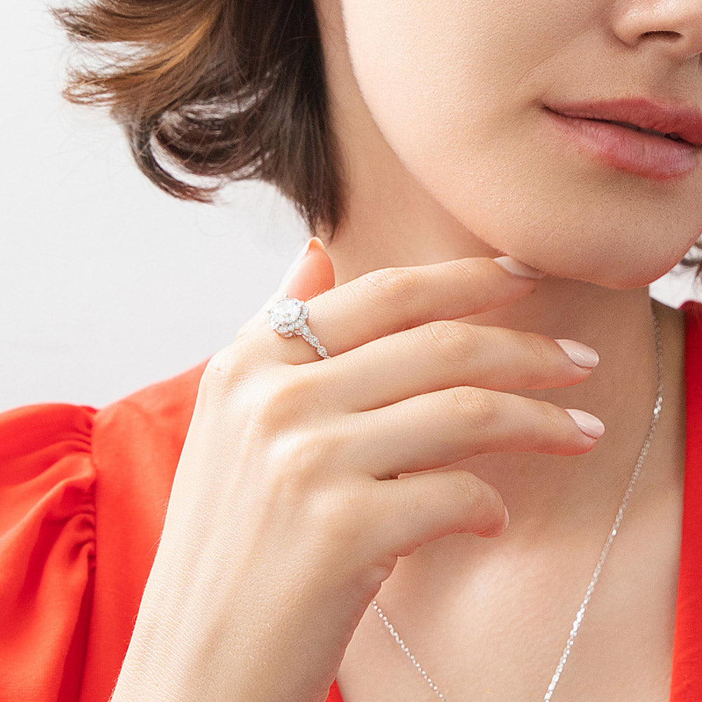 Model wearing Halo Flower CZ Ring in Sterling Silver, 10 of 14