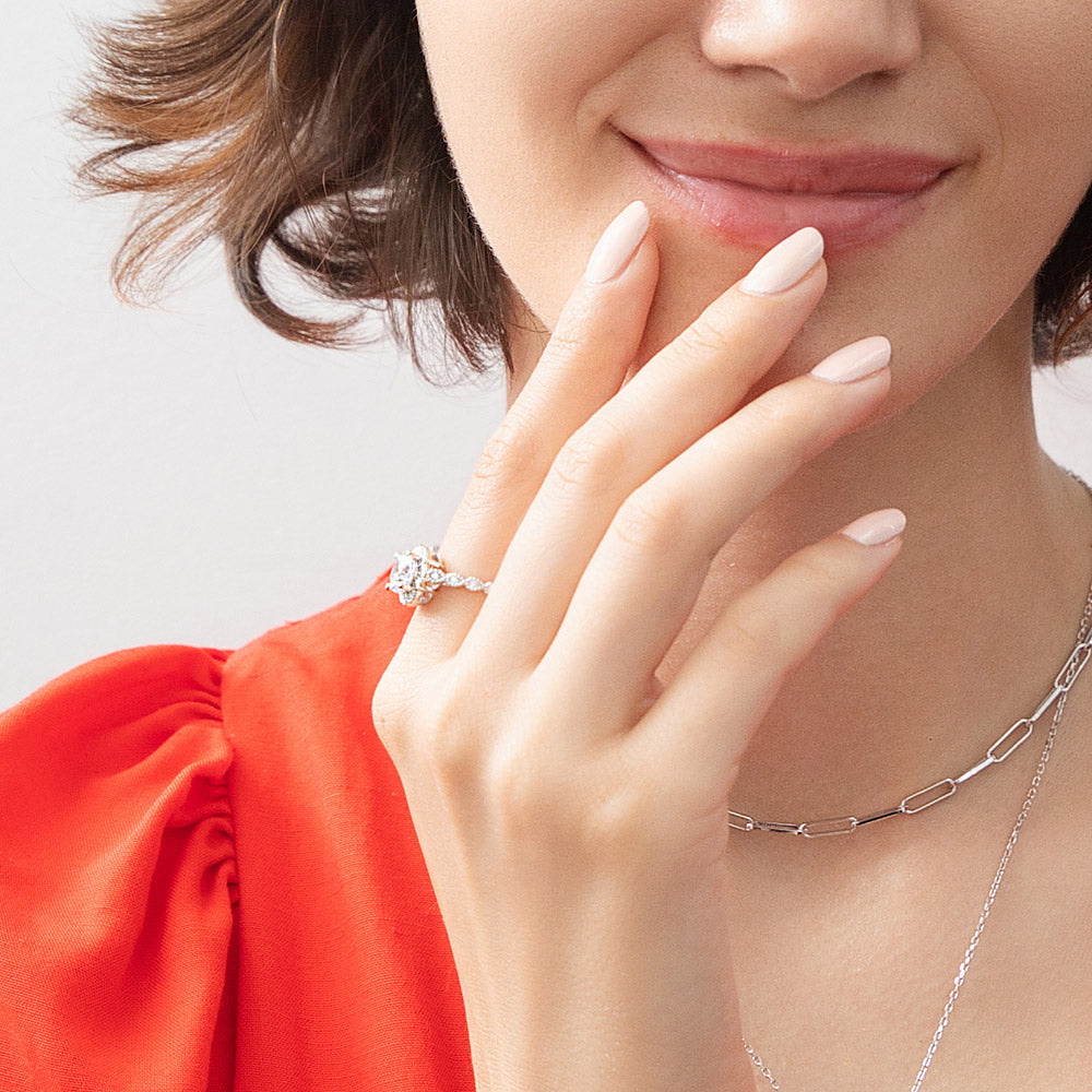 Model wearing Halo Flower CZ Ring in Sterling Silver, 6 of 14