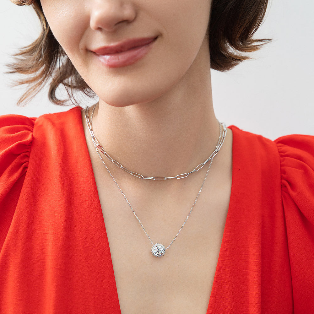 Model wearing Flower Halo CZ Necklace and Earrings in Sterling Silver, 13 of 15