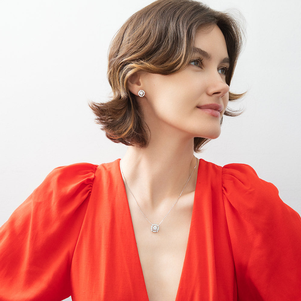 Model wearing Flower Halo CZ Necklace and Earrings in Sterling Silver, 18 of 20