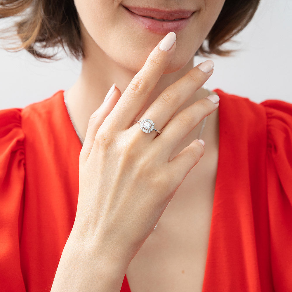 Model wearing Halo Flower CZ Ring in Sterling Silver, 2 of 12