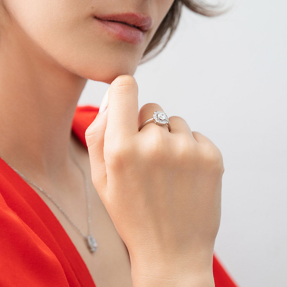 Model wearing Halo Flower CZ Ring in Sterling Silver, 3 of 12