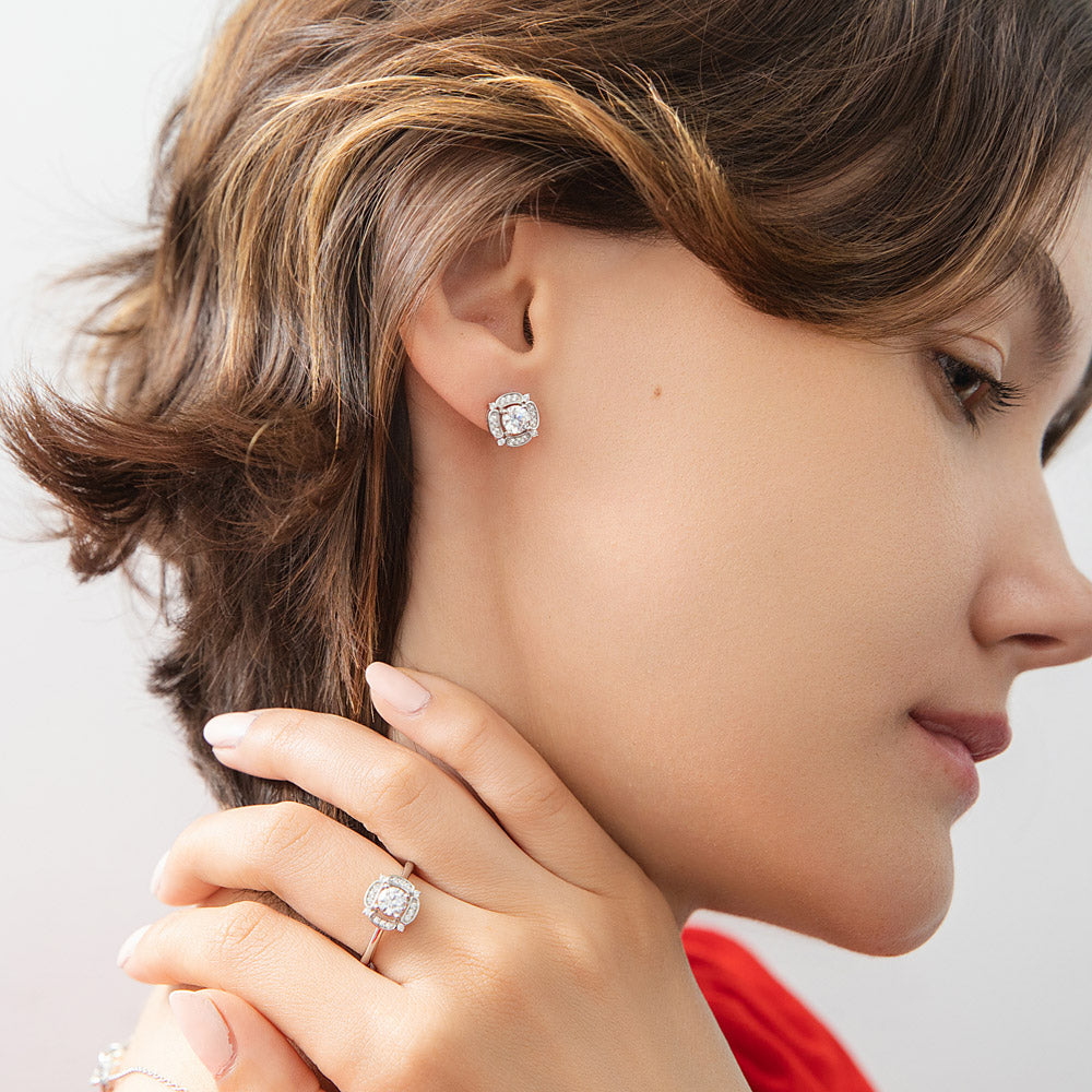 Model wearing Flower Halo CZ Stud Earrings in Sterling Silver, 8 of 18