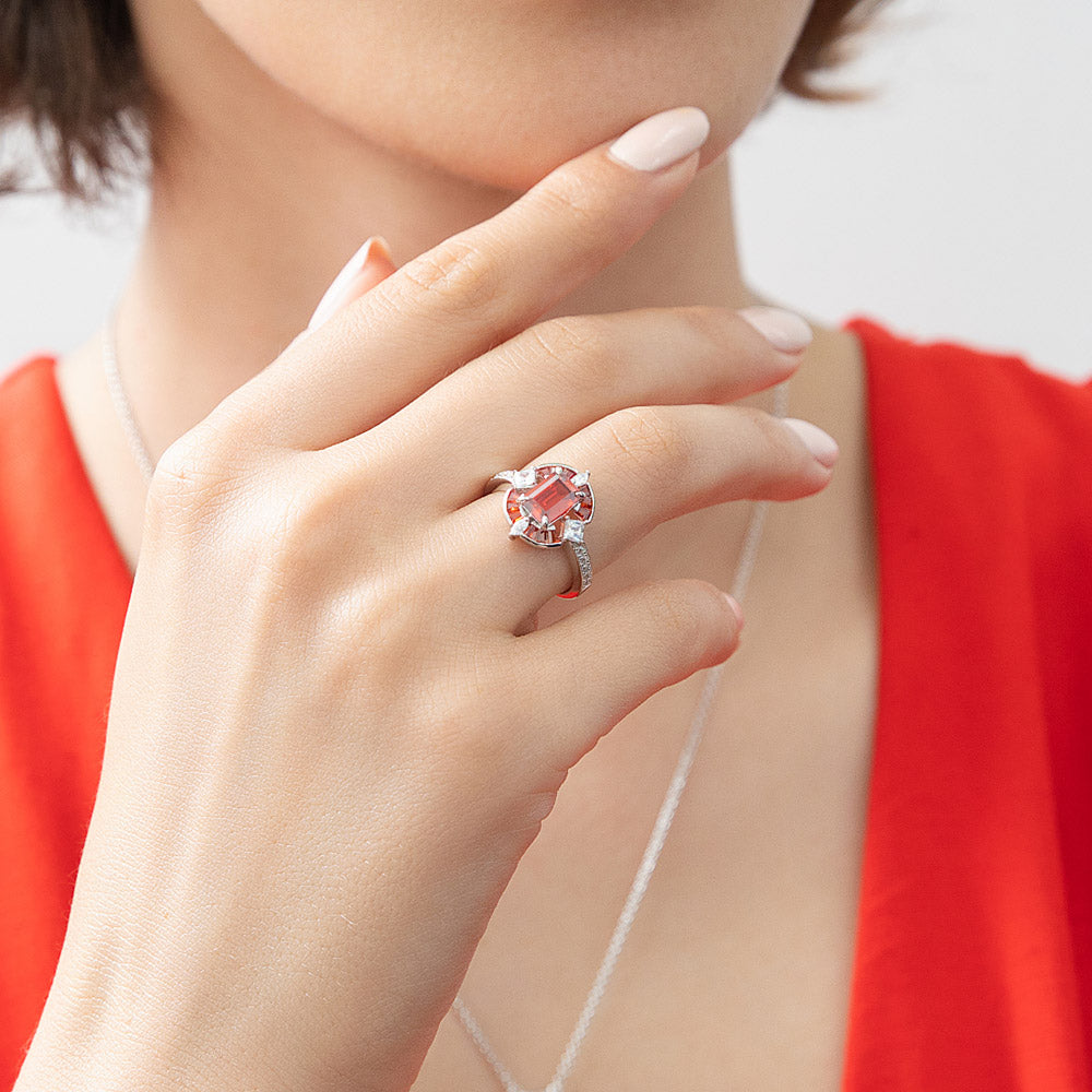 Model wearing Halo Art Deco Simulated Garnet CZ Ring in Sterling Silver, 2 of 8