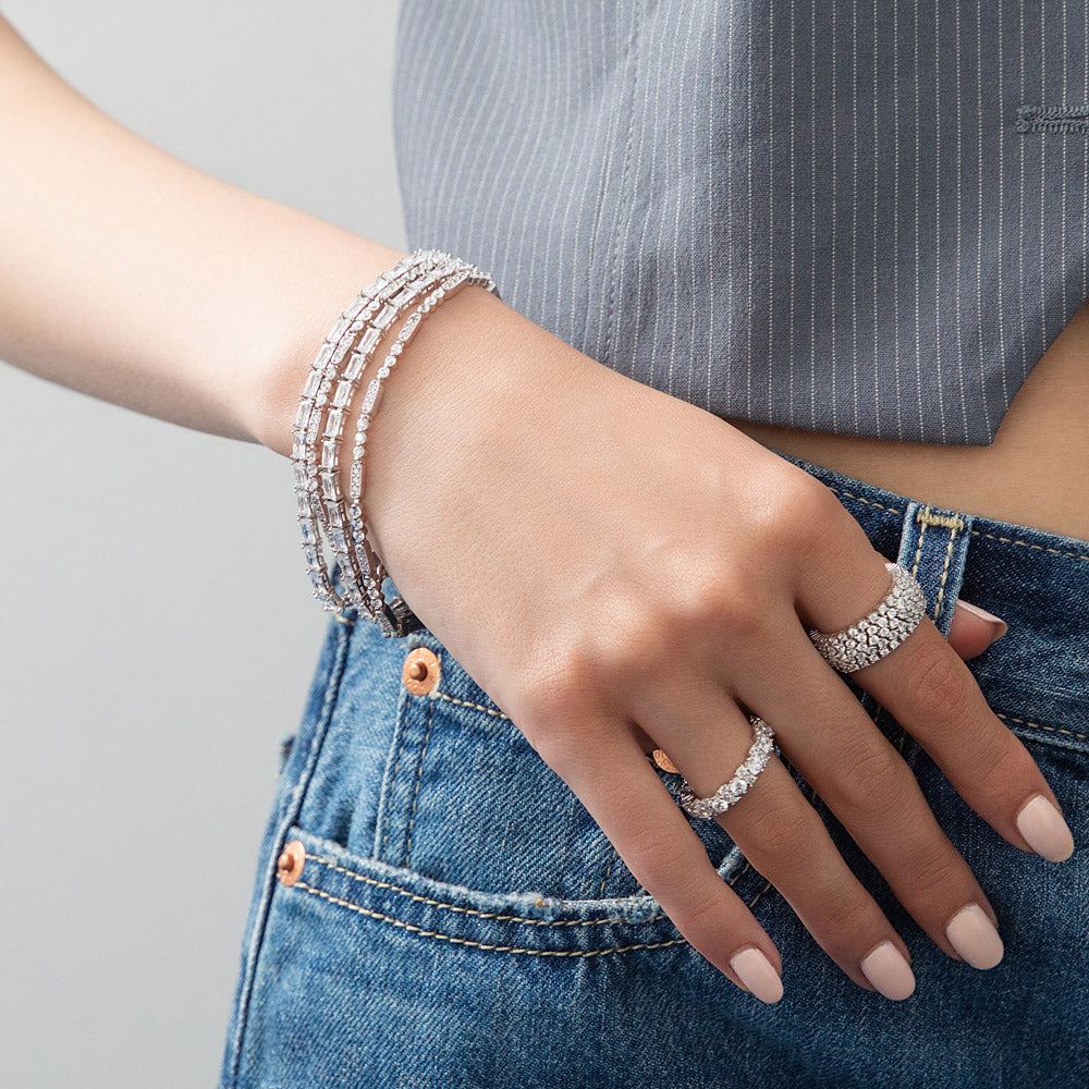 Model wearing Baguette CZ Tennis Bracelet in Sterling Silver, 11 of 14