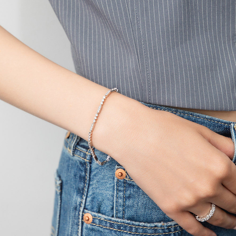 Model wearing Art Deco Milgrain CZ Chain Bracelet in Sterling Silver, 2 of 10