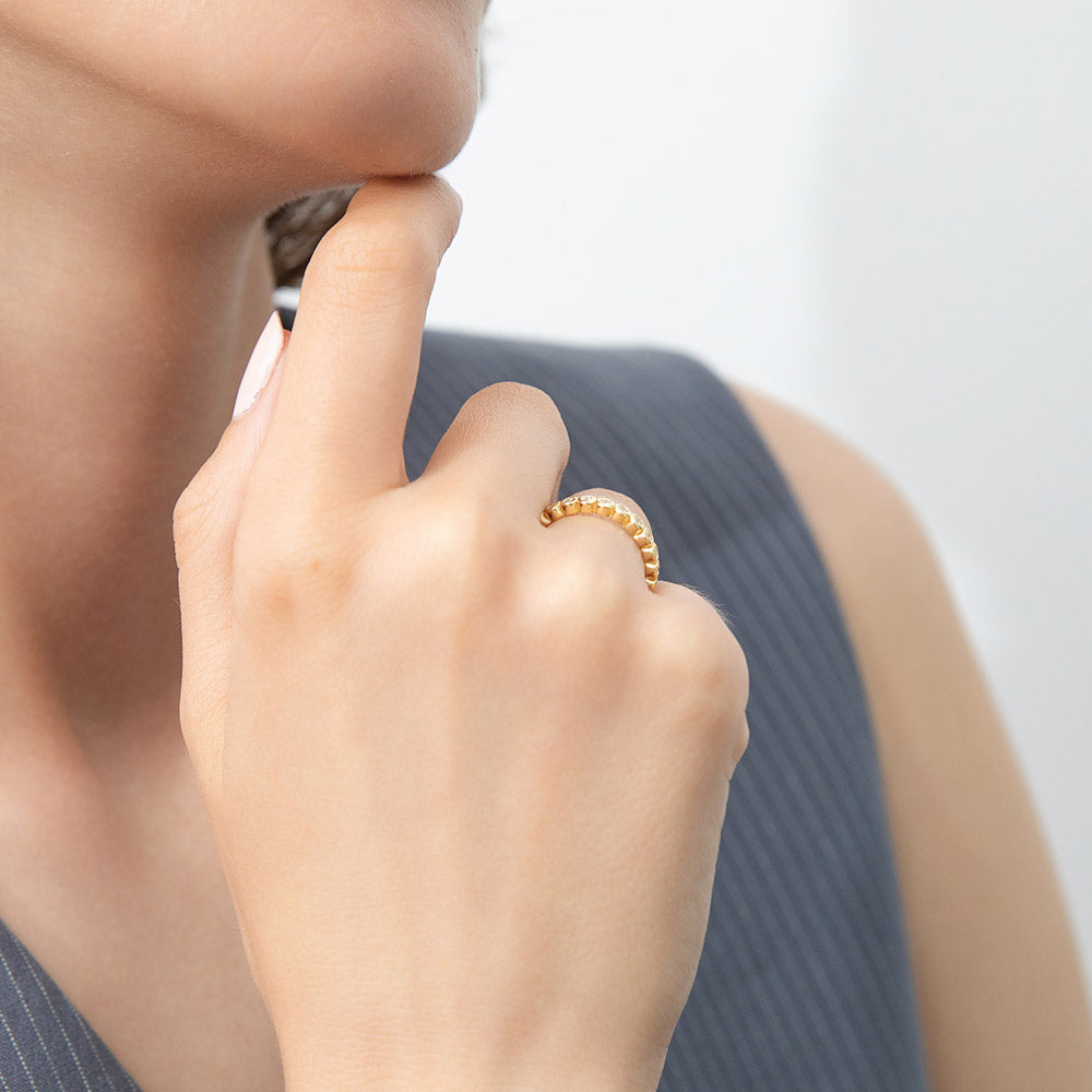 Model wearing Bubble Bezel Set CZ Eternity Ring in Gold Flashed Sterling Silver, 6 of 7