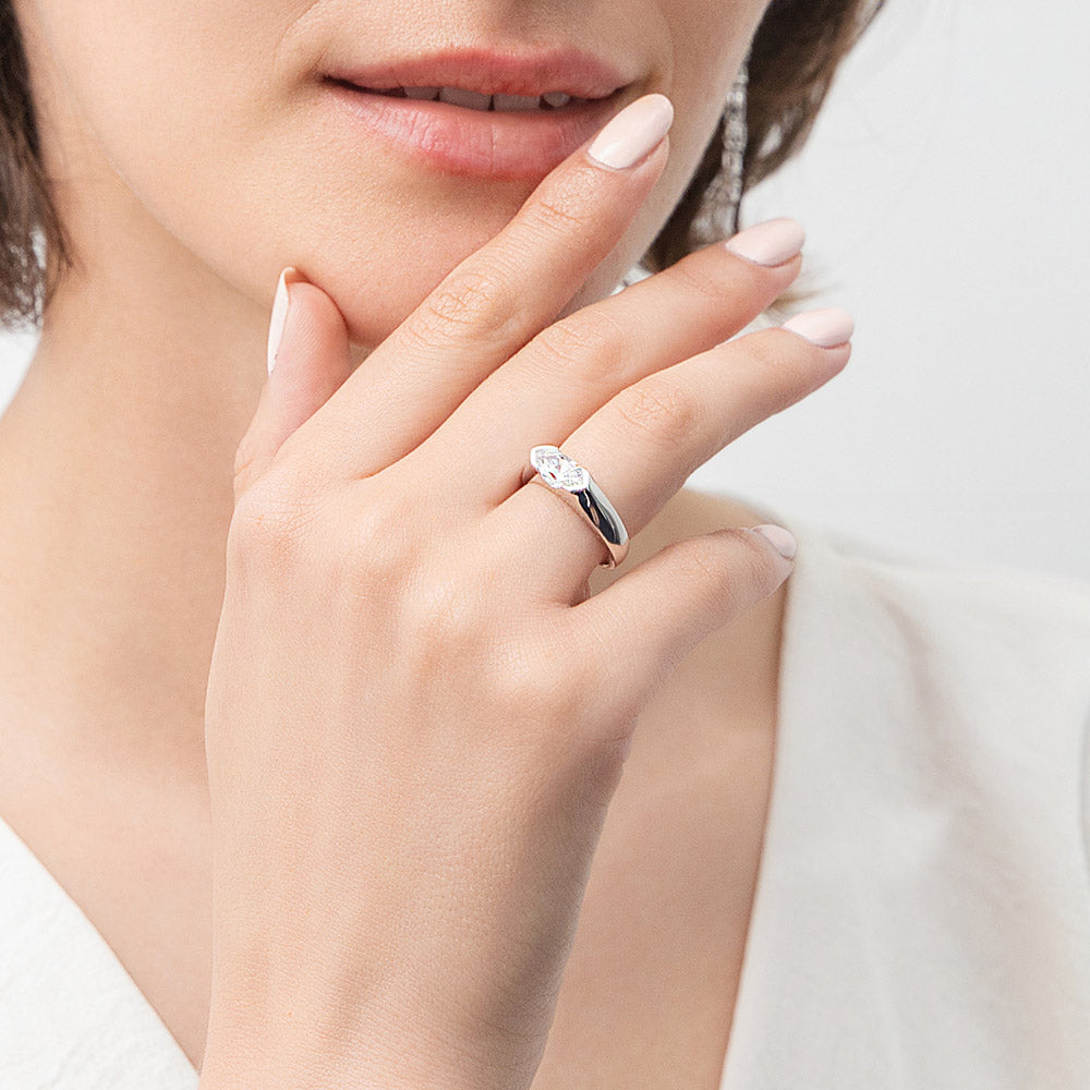 Model wearing East-West Solitaire 1ct Bezel CZ Ring in Sterling Silver, 6 of 11