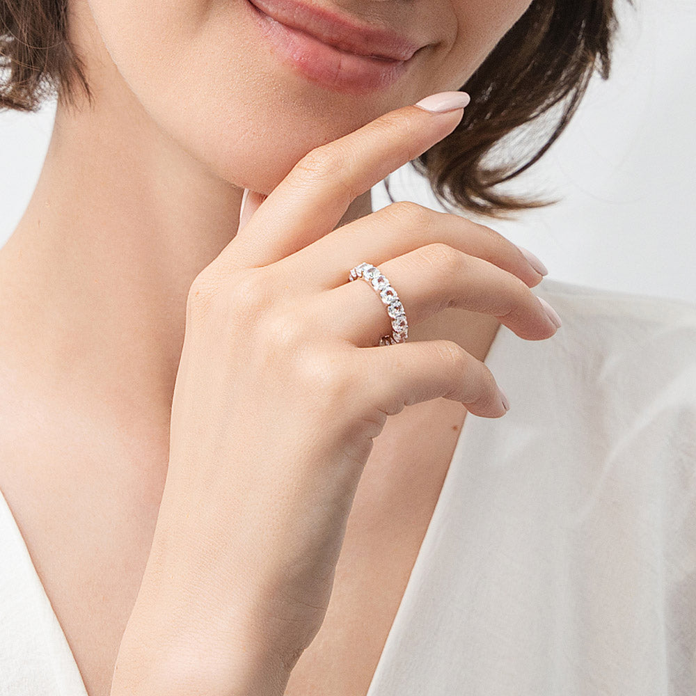 Model wearing Asscher CZ Eternity Ring in Sterling Silver, 3 of 7