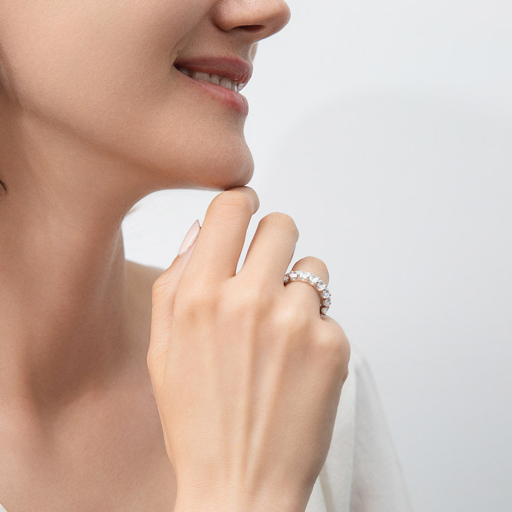 Model wearing Asscher CZ Eternity Ring in Sterling Silver, 6 of 7