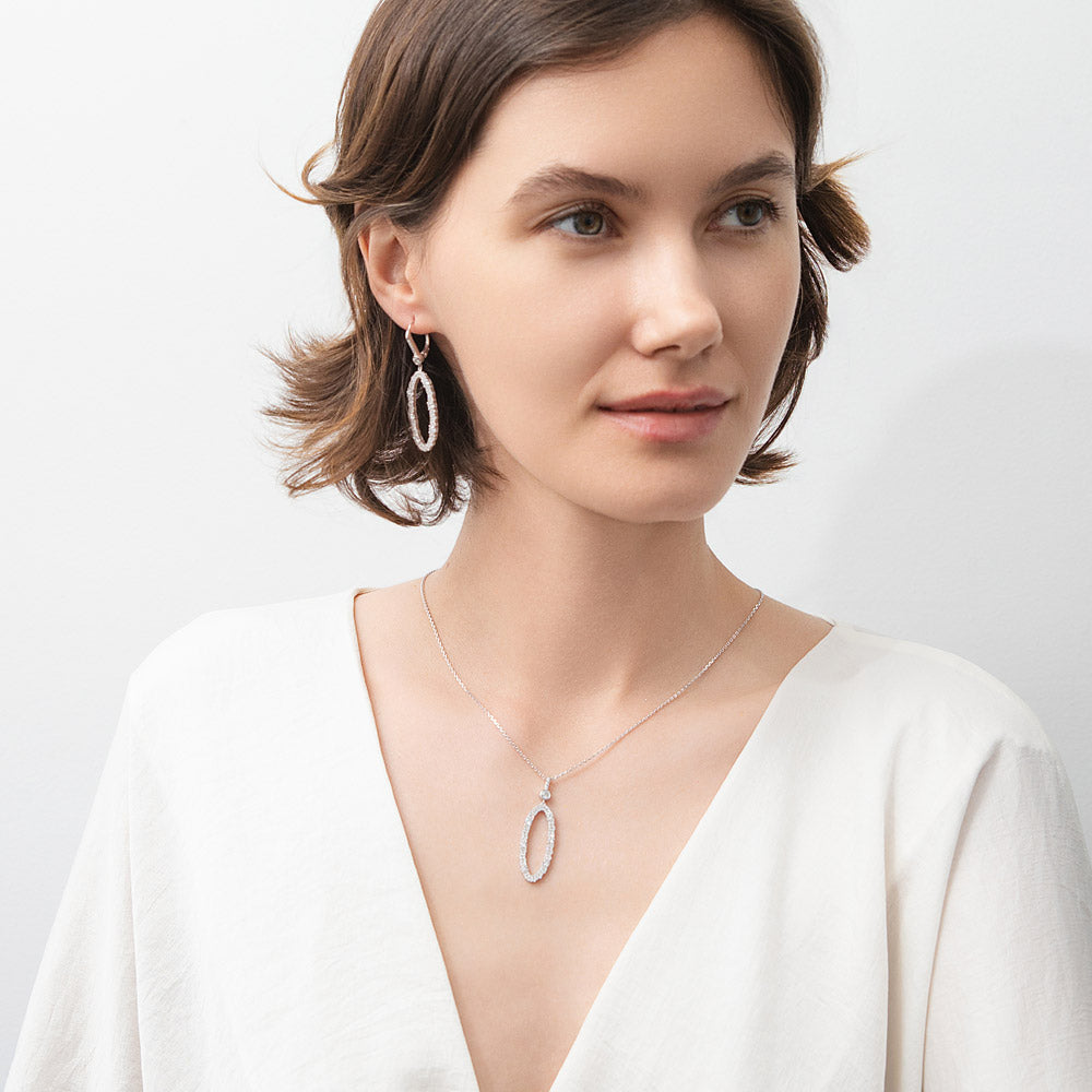 Model wearing Open Oval CZ Leverback Chandelier Earrings in Sterling Silver, 5 of 6