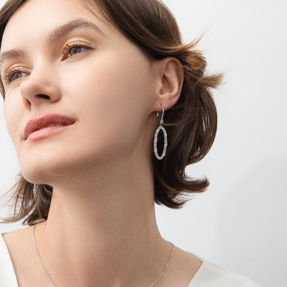 Model wearing Open Oval CZ Leverback Chandelier Earrings in Sterling Silver, 3 of 6