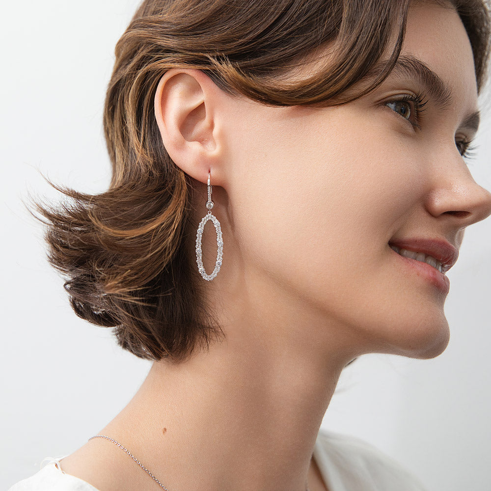 Model wearing Open Oval CZ Leverback Chandelier Earrings in Sterling Silver, 2 of 6