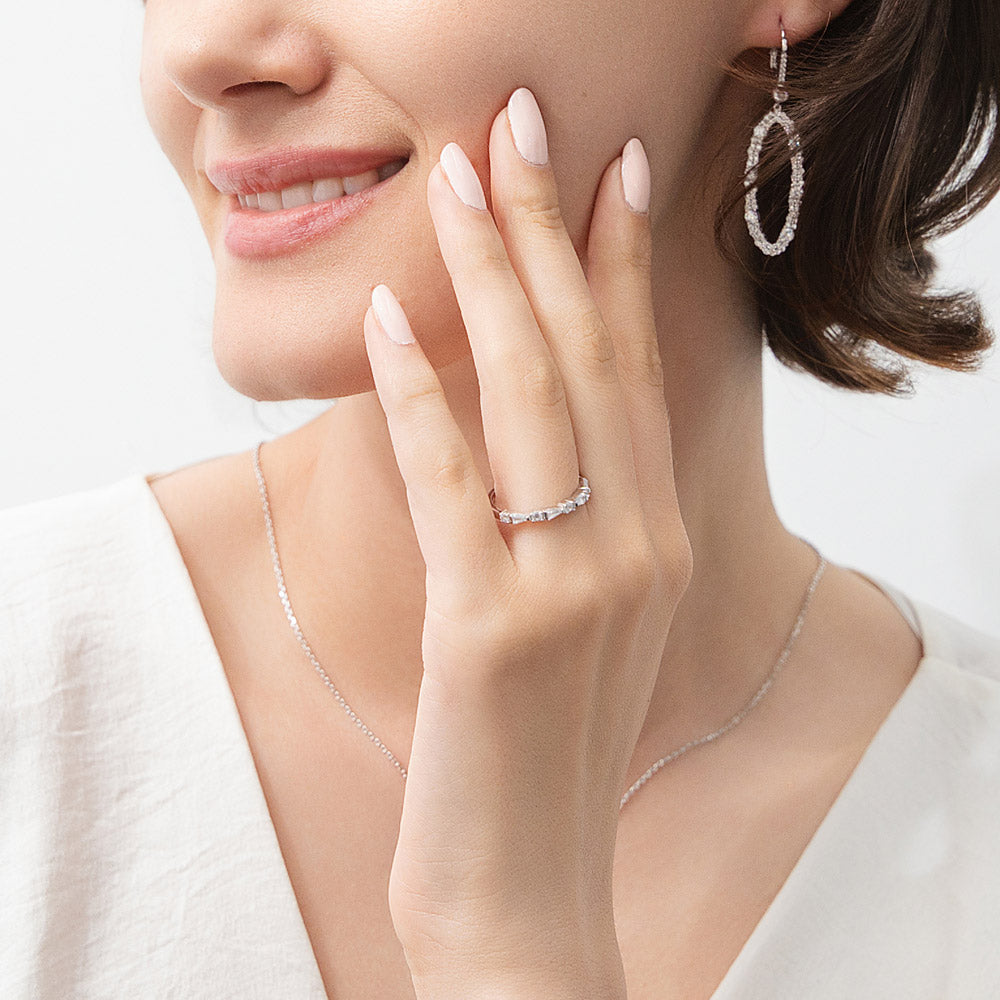 Model wearing Art Deco CZ Eternity Ring in Sterling Silver, 2 of 7