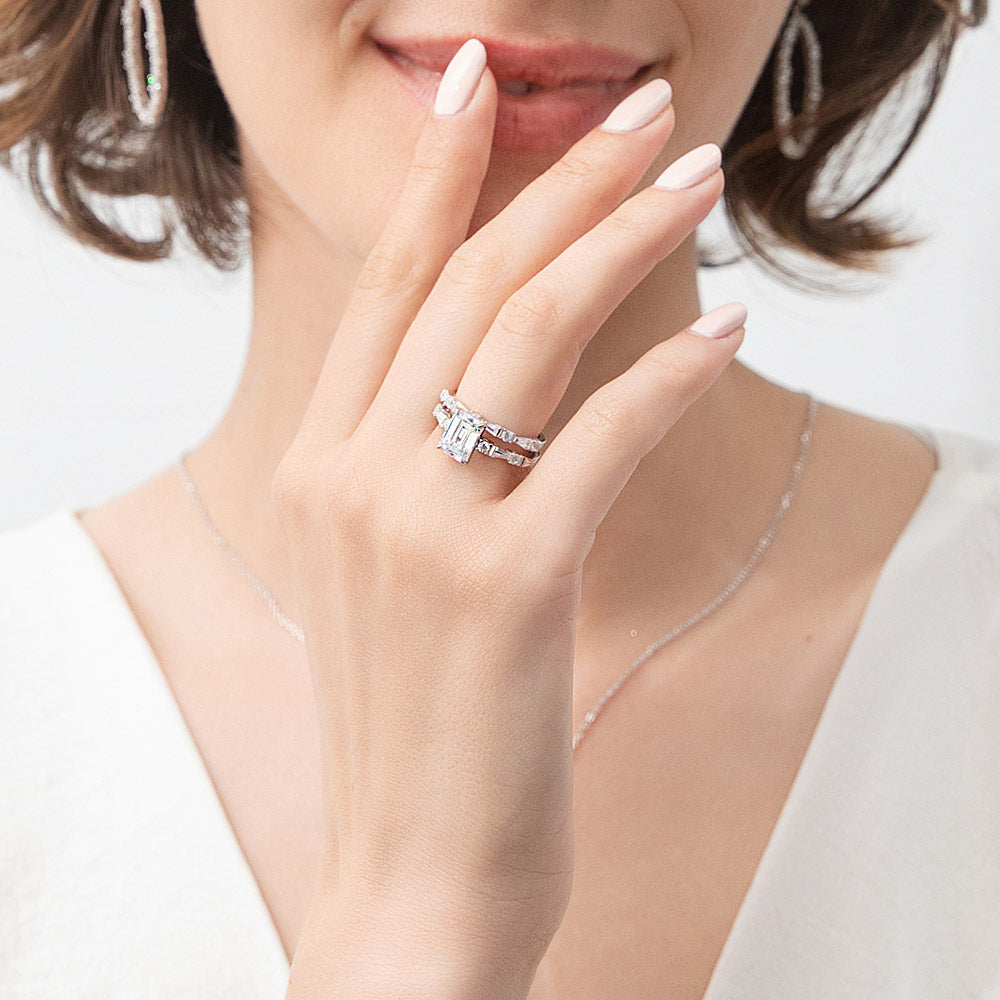 Model wearing Art Deco Solitaire 1.7ct CZ Ring Set in Sterling Silver, 6 of 13