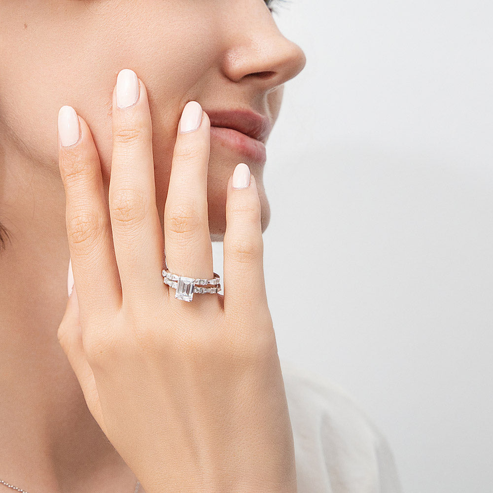 Model wearing Art Deco Solitaire 1.7ct CZ Ring Set in Sterling Silver, 2 of 13