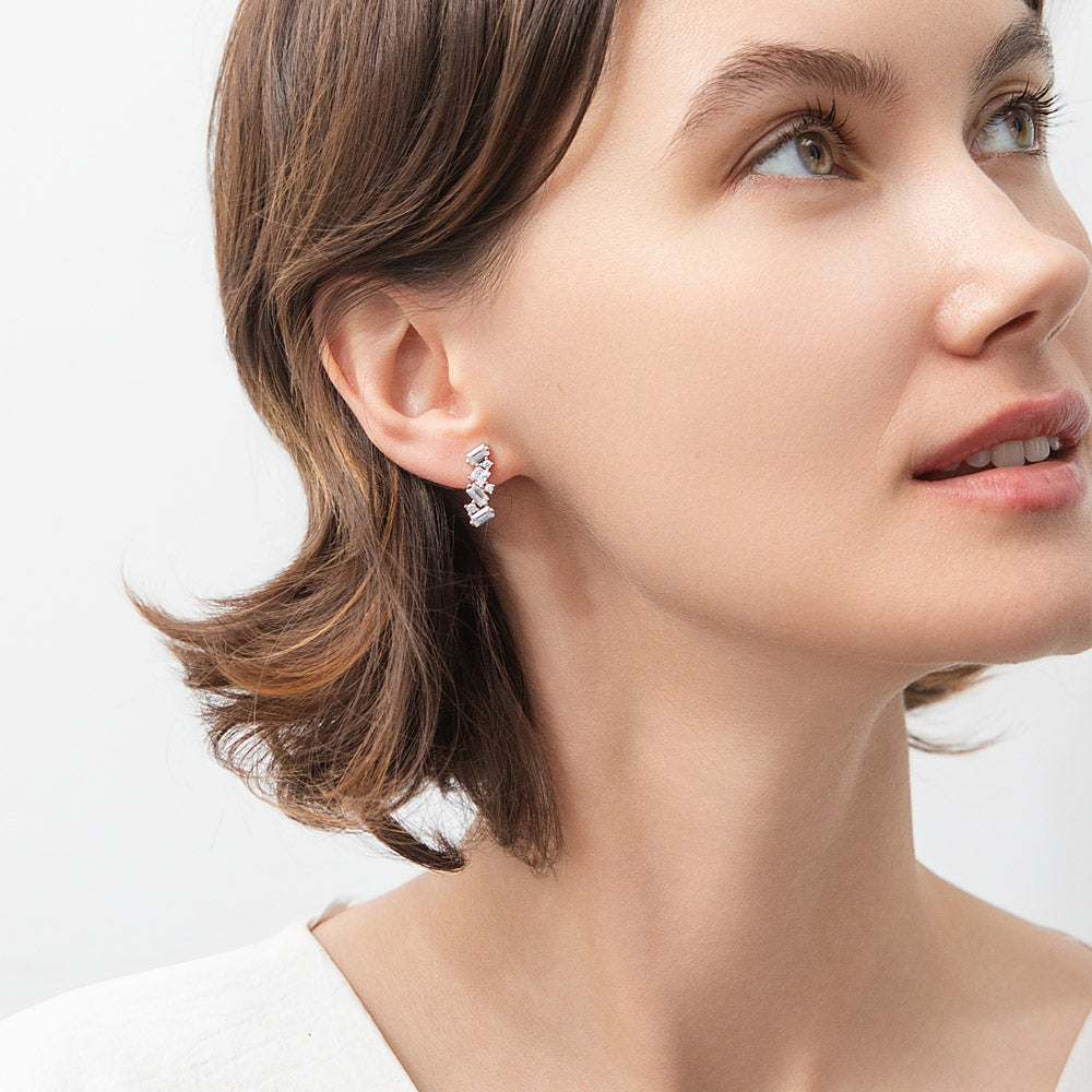 Model wearing Cluster Bar CZ Stud Earrings in Sterling Silver, 3 of 5