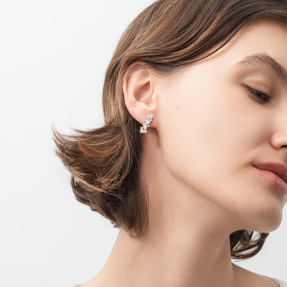 Model wearing Cluster Bar CZ Stud Earrings in Sterling Silver, 2 of 5