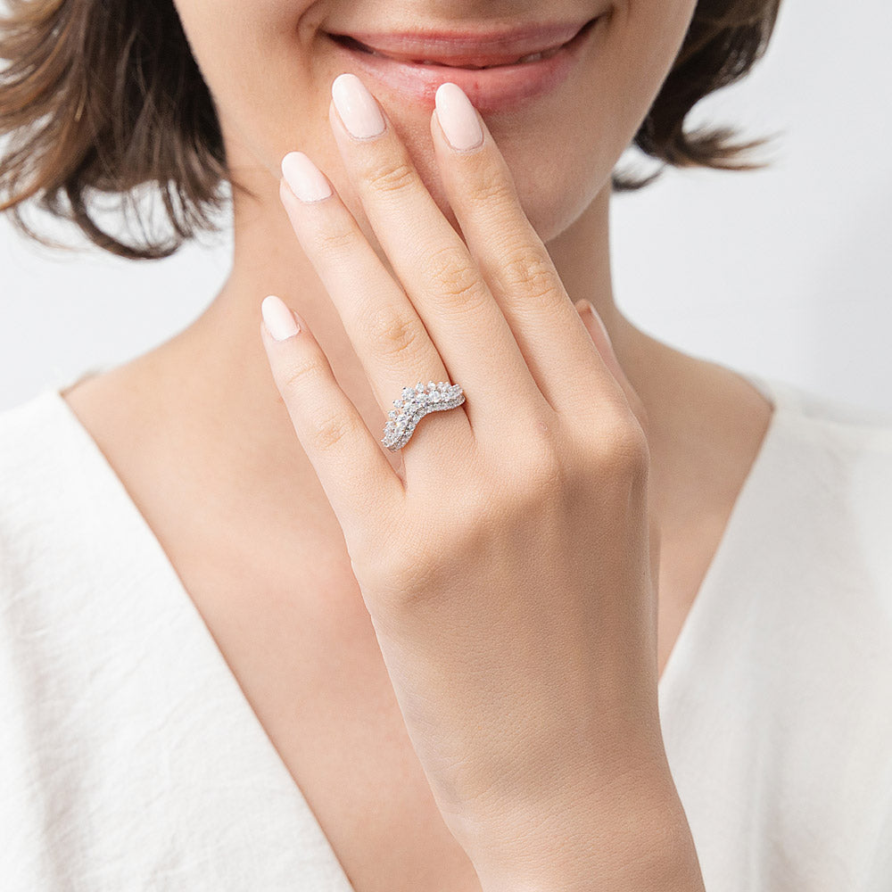 Model wearing Wishbone Chevron CZ Curved Band in Sterling Silver, 3 of 9