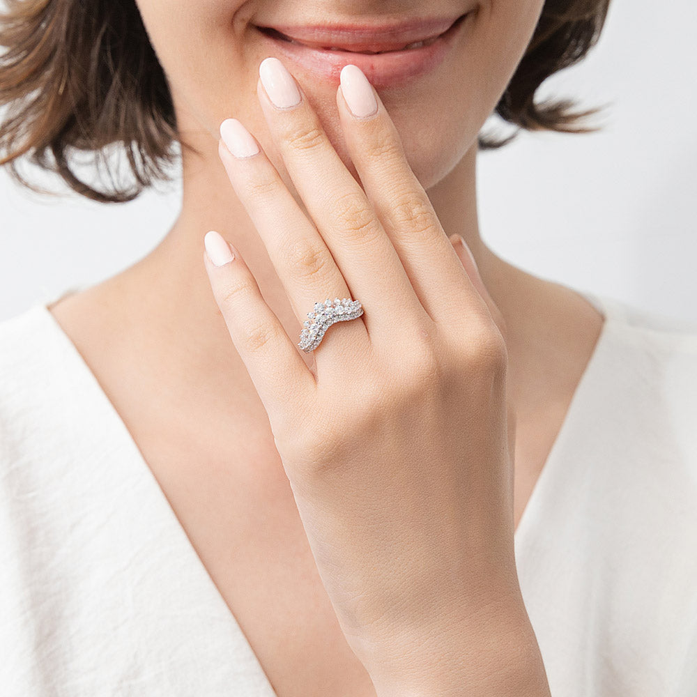 Model wearing Solitaire Wishbone 2ct CZ Ring Set in Sterling Silver, 17 of 19