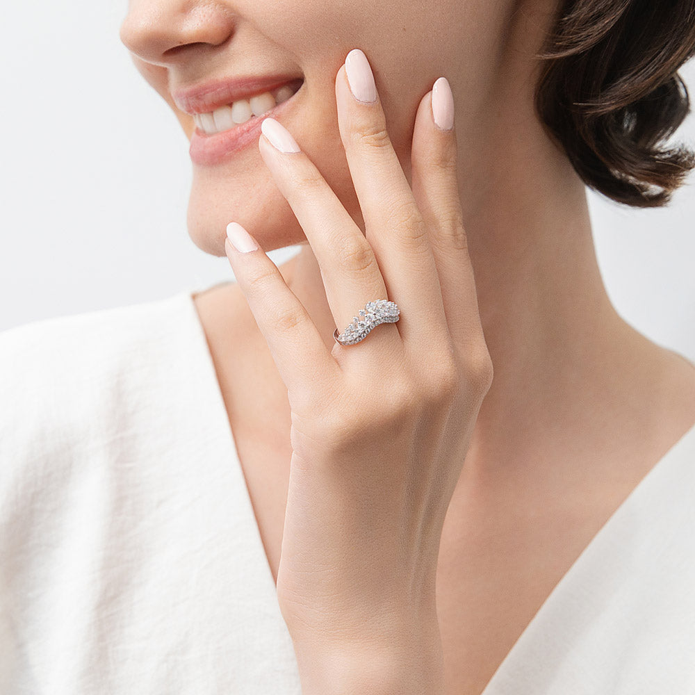 Model wearing Wishbone Chevron CZ Curved Band in Sterling Silver, 2 of 9