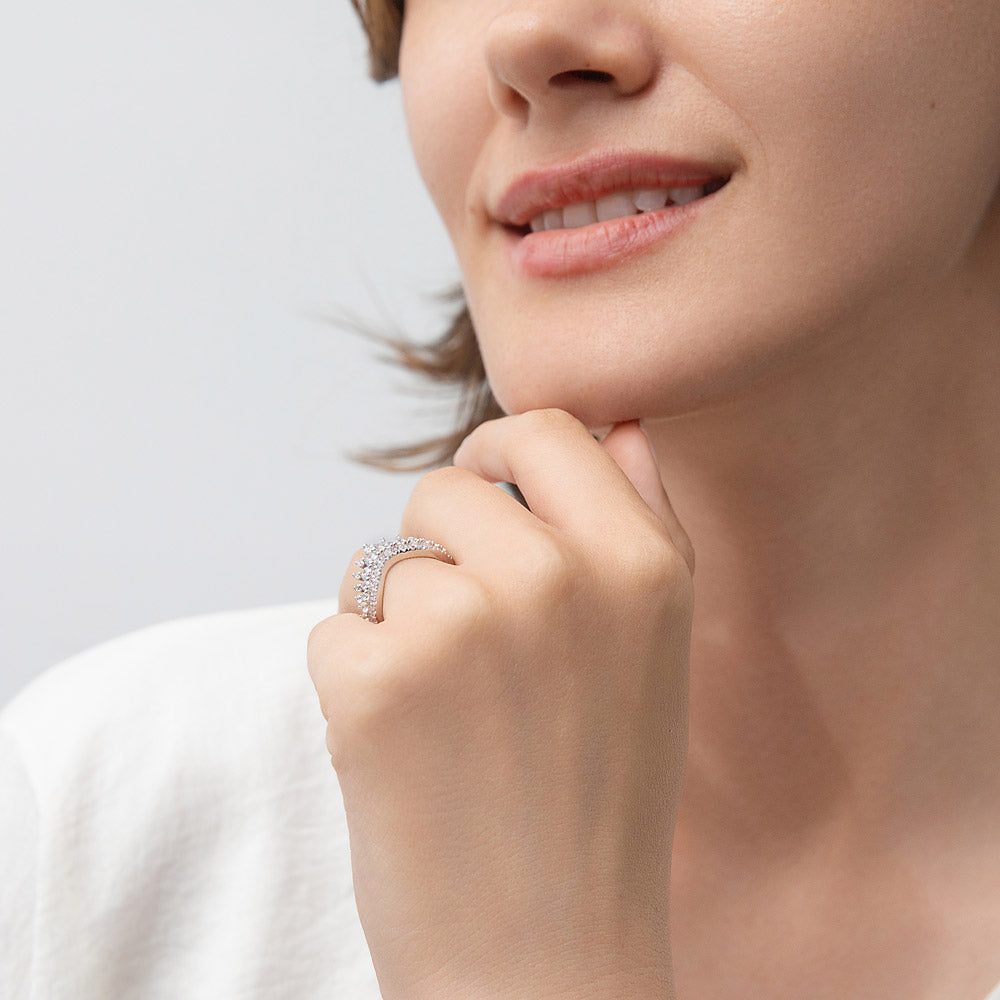 Model wearing Wishbone Chevron CZ Curved Band in Sterling Silver, 6 of 9