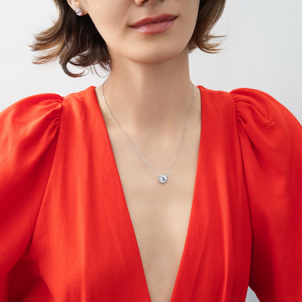 Model wearing Flower Halo CZ Necklace and Earrings in Sterling Silver, 6 of 15