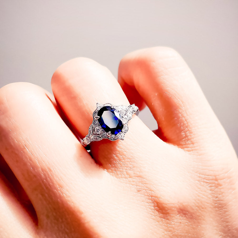 Blue Sapphire Ring with CZ Diamond Hidden Halo Octagon Sapphire Rings Antique Blue Sapphire Victorian Engagement shops Ring Handmade Jewelry Gift