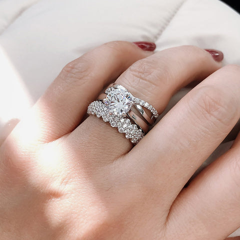 Model Wearing Cluster Eternity Ring, Infinity Ring, Solitaire Ring