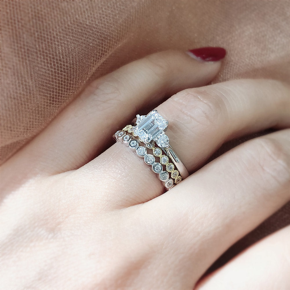 Model Wearing 3-Stone Ring, Bubble Eternity Ring