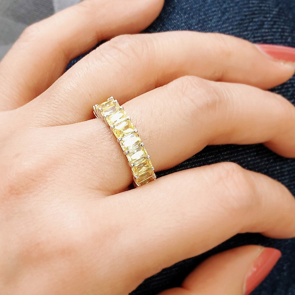 Model wearing Canary Yellow CZ Stackable Large Eternity Ring in Sterling Silver, 3 of 6