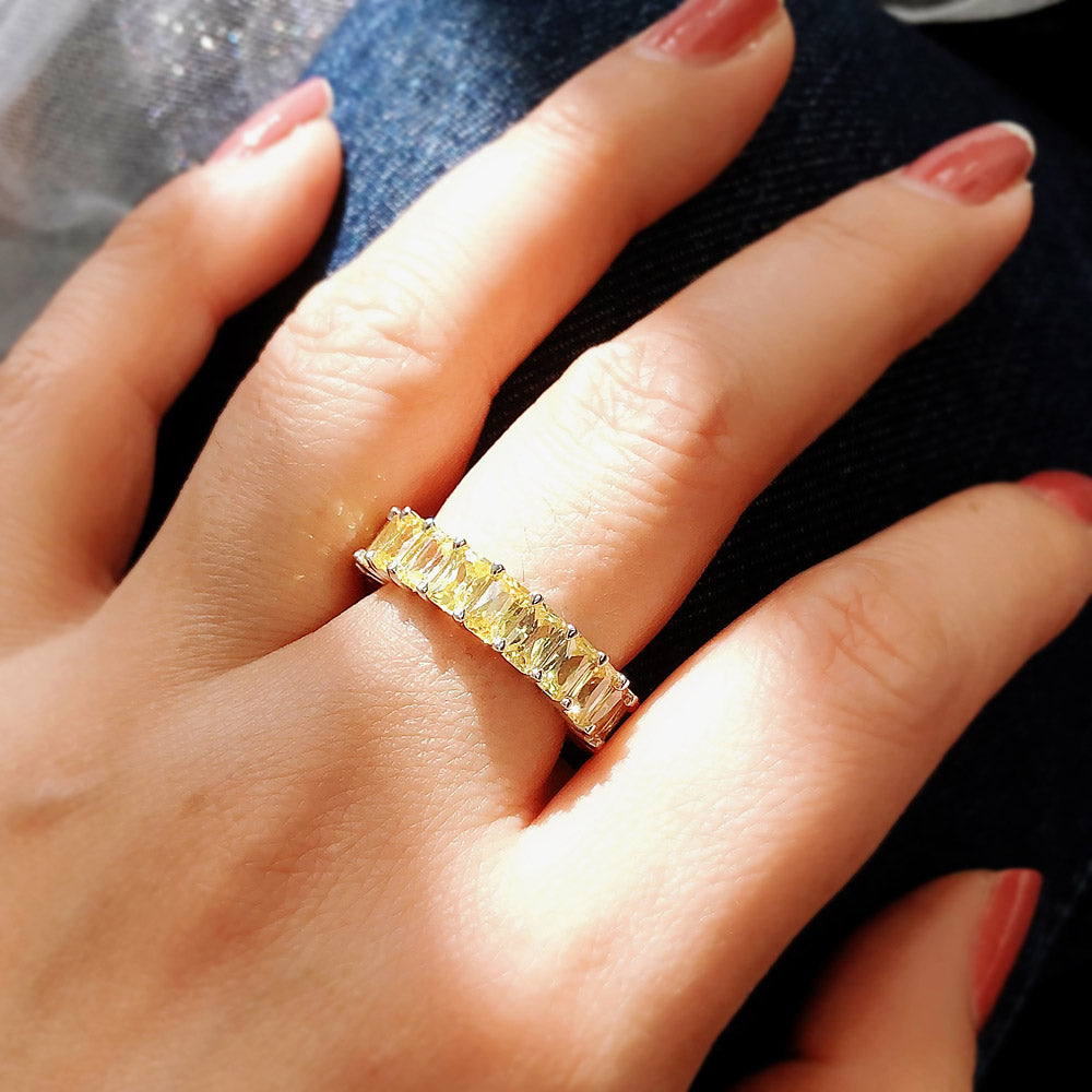 Model wearing Canary Yellow CZ Stackable Large Eternity Ring in Sterling Silver, 2 of 6