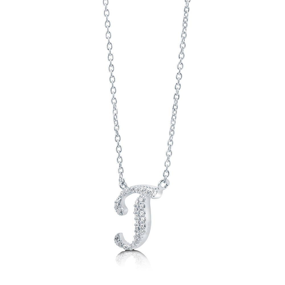 Angle view of Initial Letter CZ Necklace in Sterling Silver, J