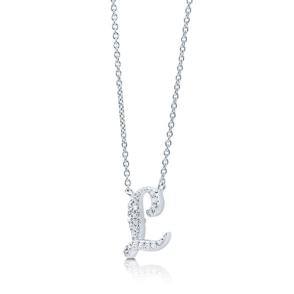 Angle view of Initial Letter CZ Necklace in Sterling Silver, L