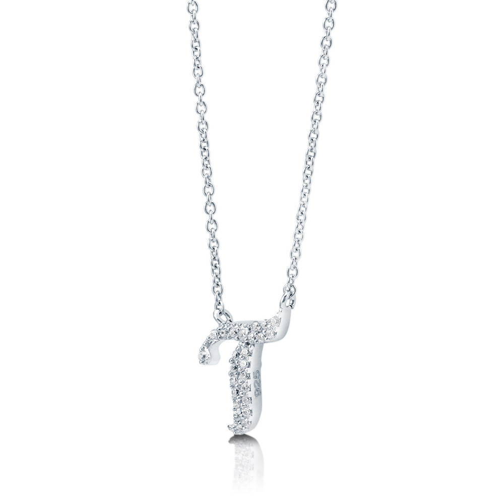 Angle view of Initial Letter CZ Necklace in Sterling Silver, T