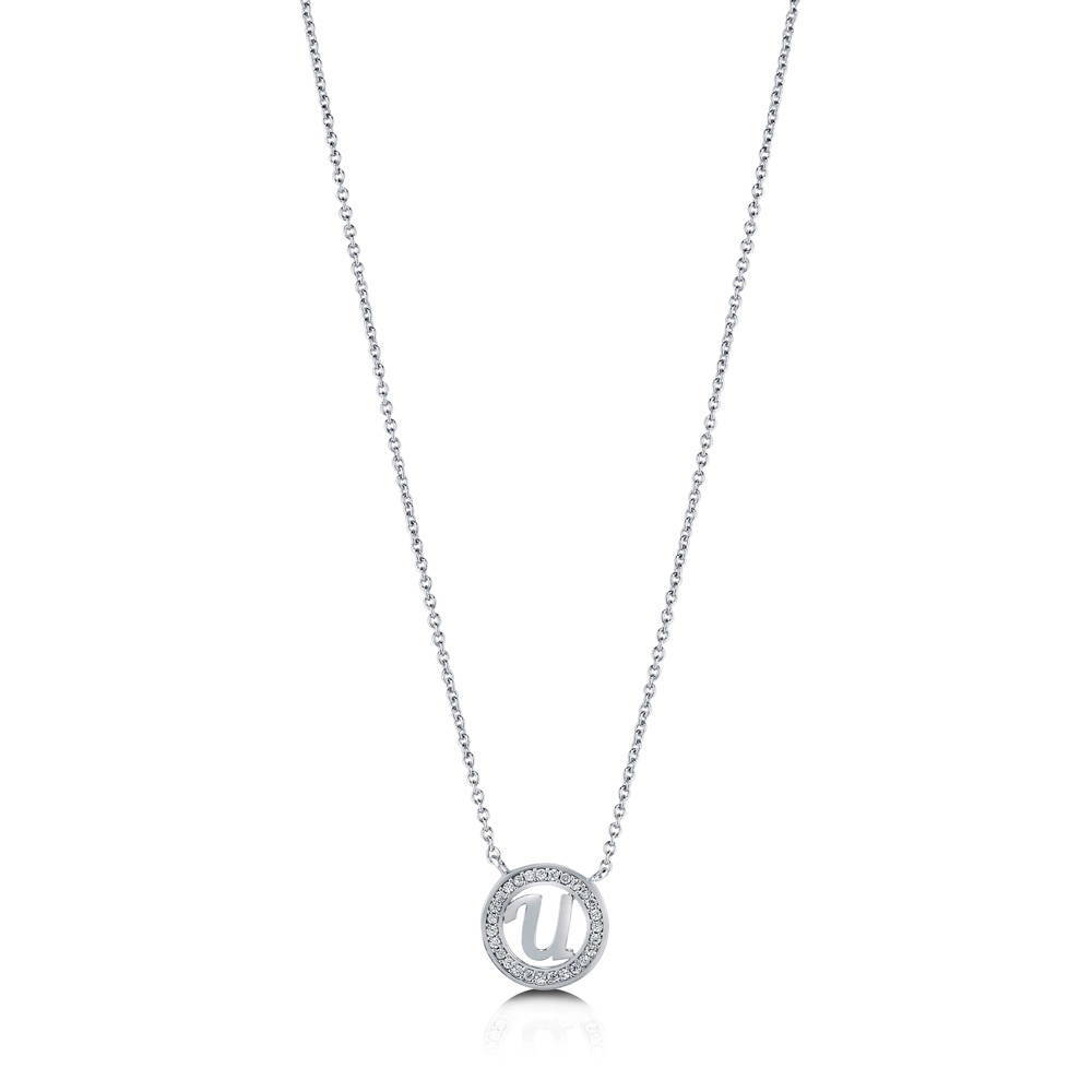 Front view of Initial Letter CZ Necklace in Sterling Silver, U