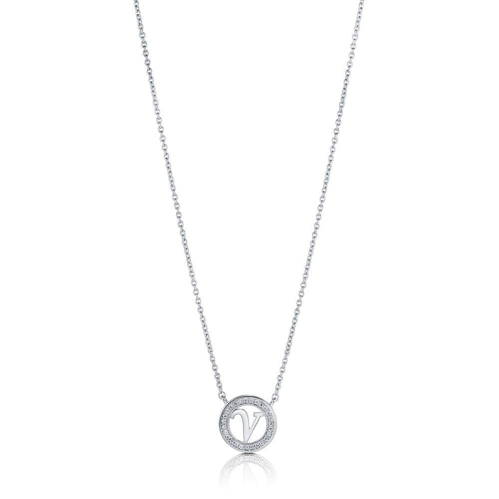 Front view of Initial Letter CZ Necklace in Sterling Silver, V