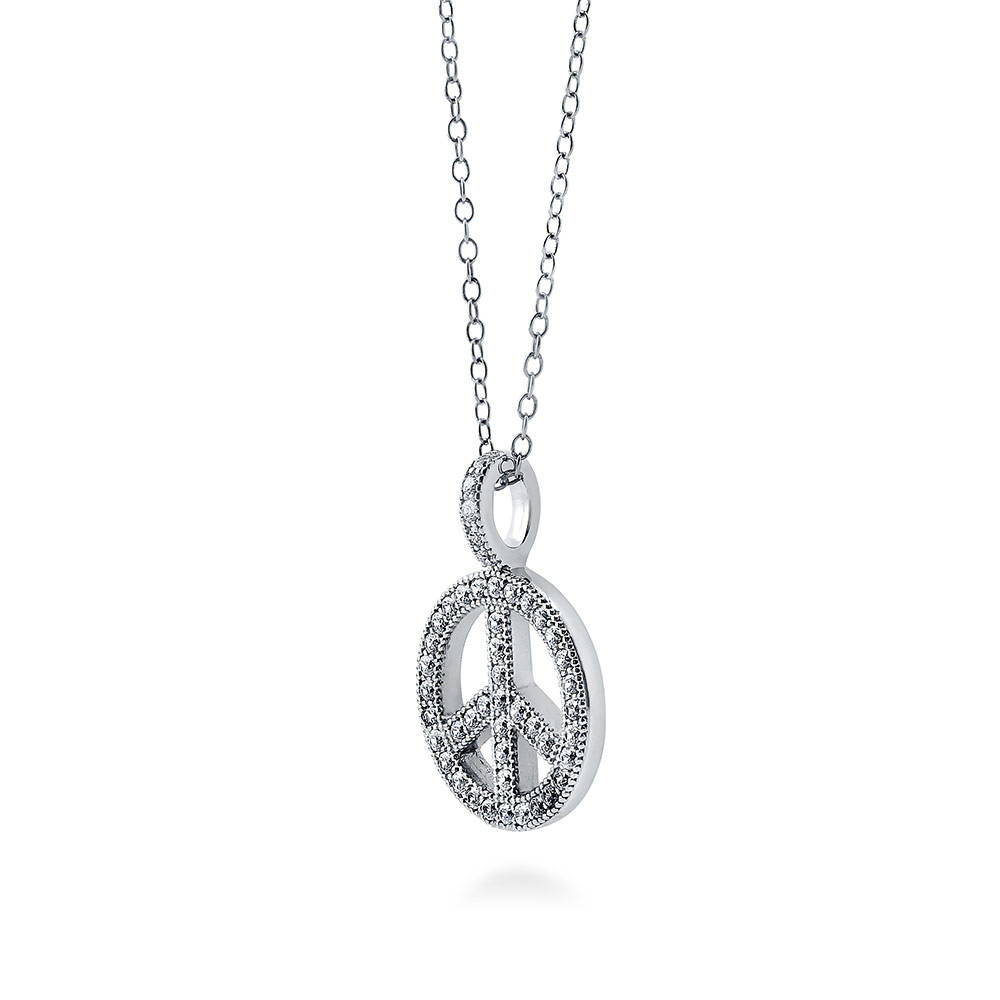 Front view of Peace Sign CZ Necklace in Sterling Silver, 5 of 8