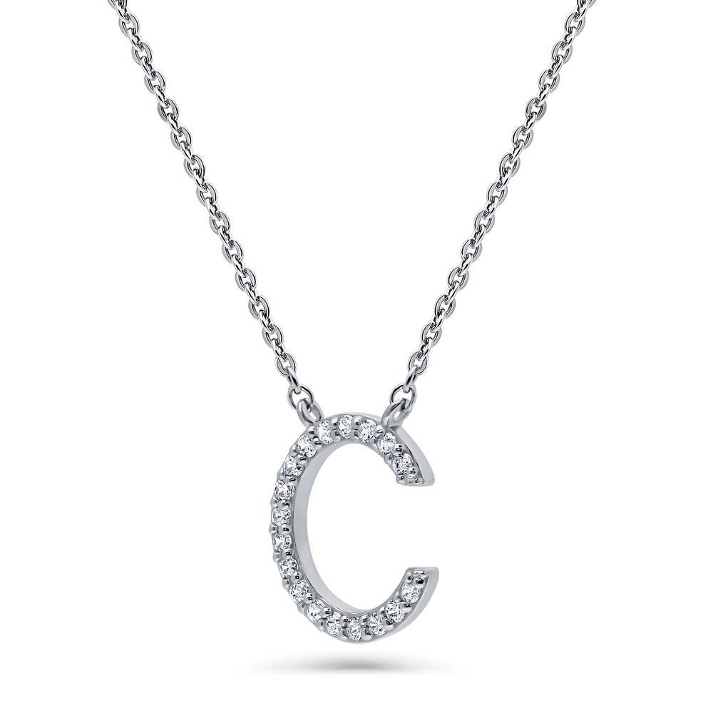 Front view of Initial Letter CZ Necklace in Sterling Silver, C