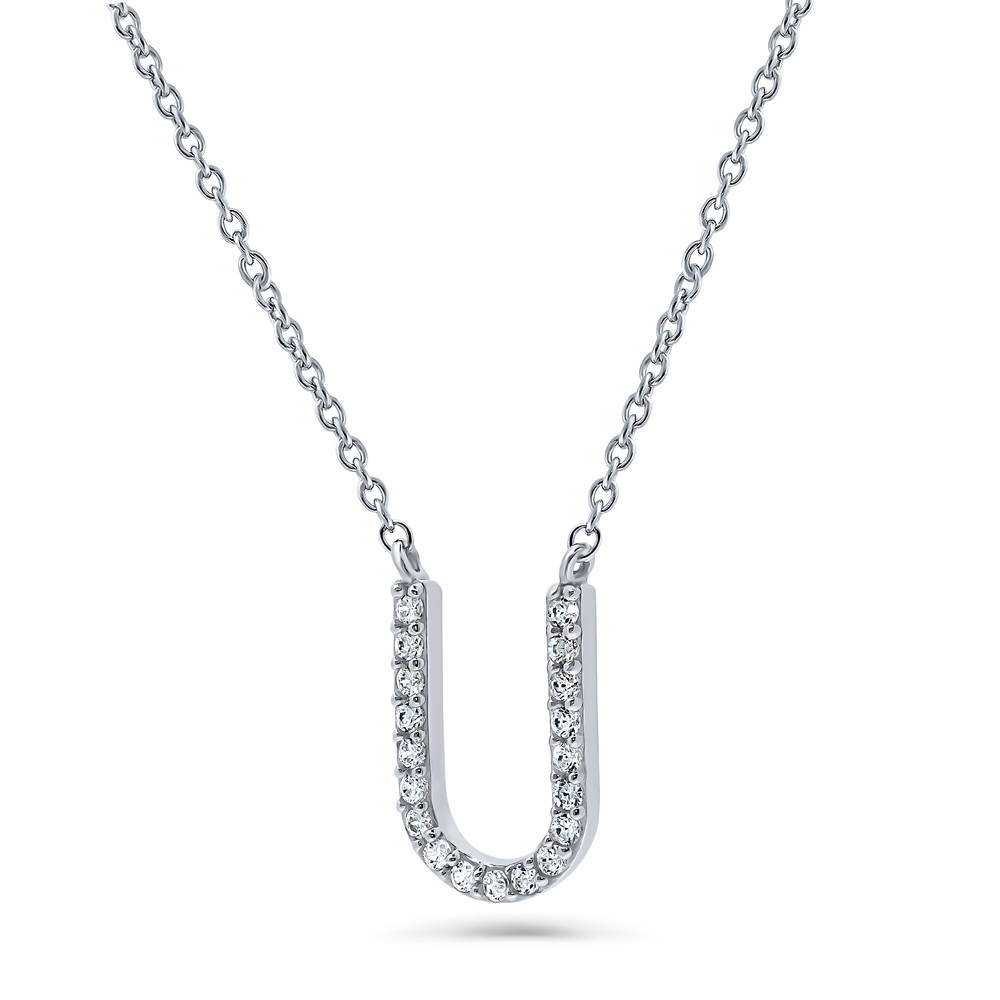 Front view of Initial Letter CZ Necklace in Sterling Silver, U