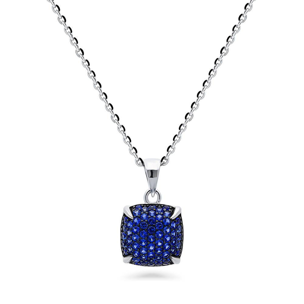 Square CZ Necklace and Earrings in Sterling Silver, Blue Color