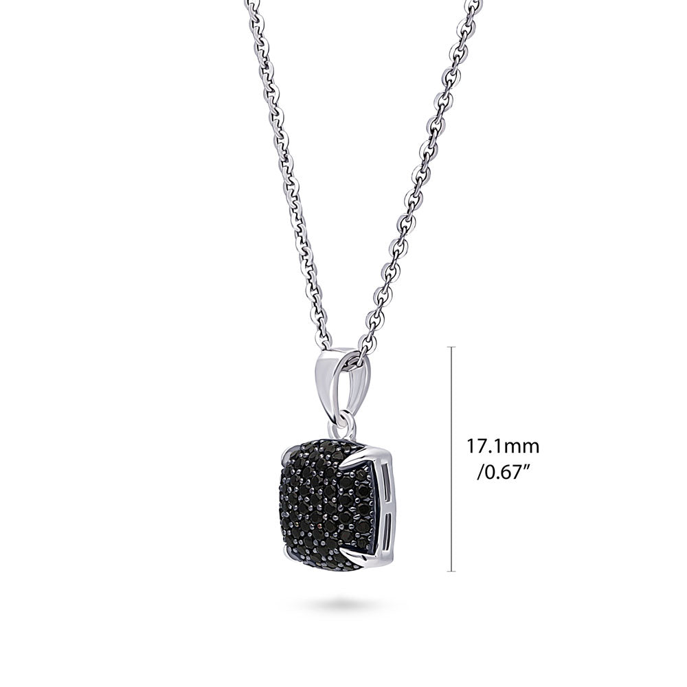 Front view of Square CZ Necklace and Earrings in Sterling Silver, Black Color