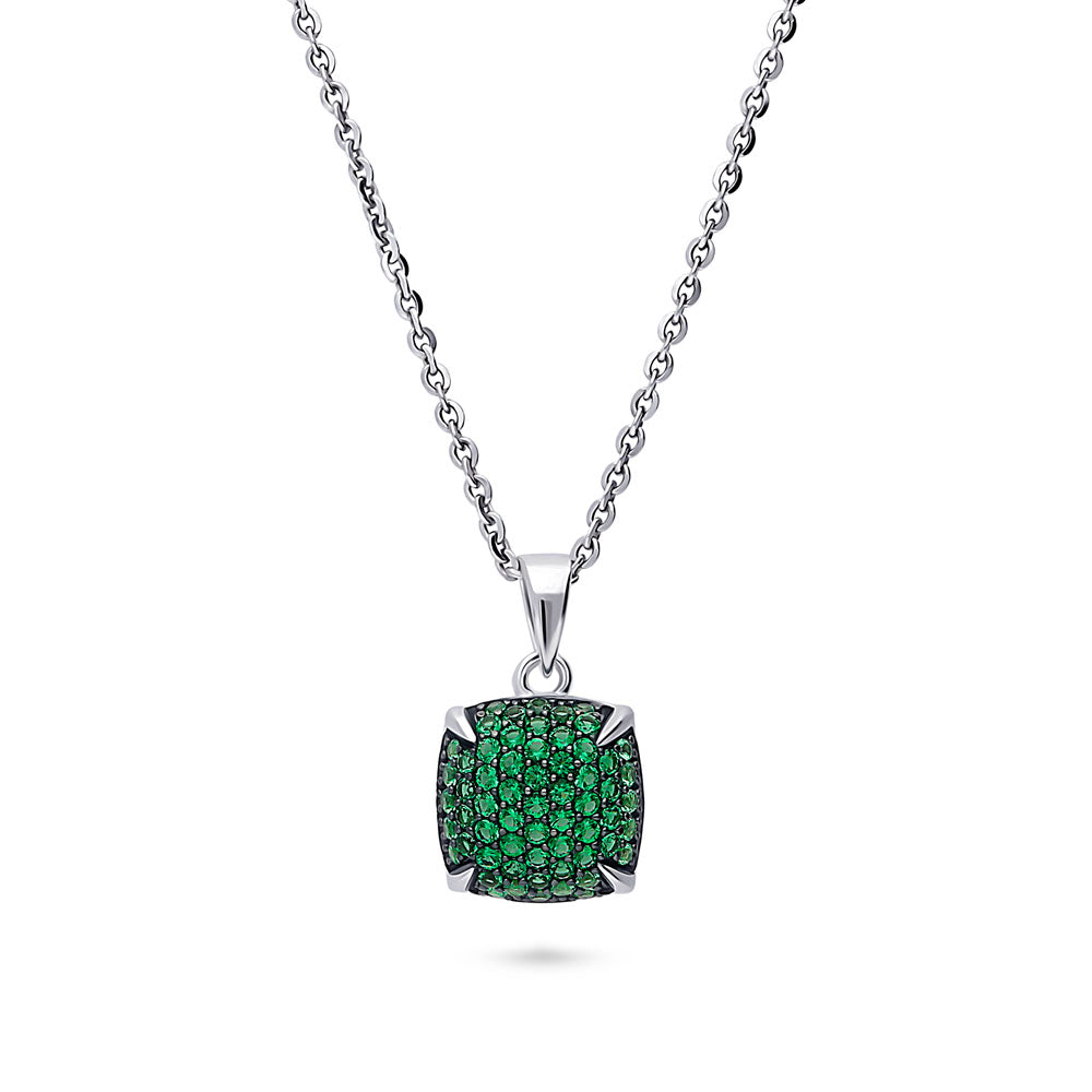 Square CZ Necklace and Earrings in Sterling Silver, Green Color