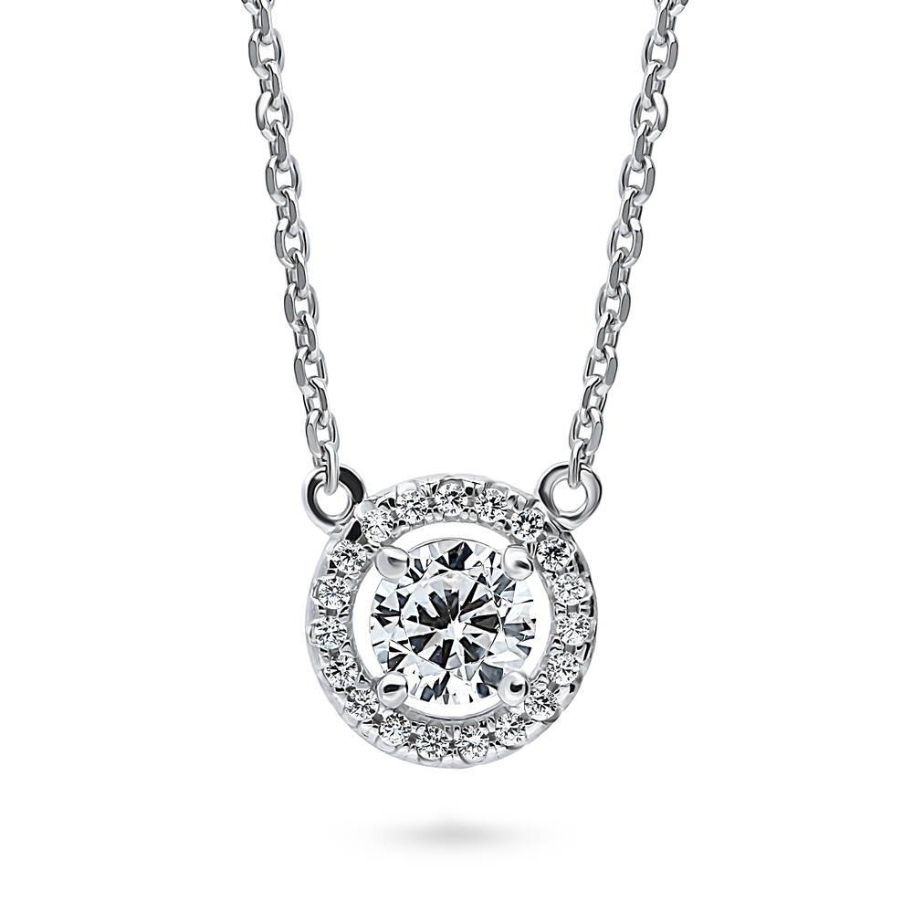 Halo CZ Pendant Necklace in Sterling Silver, Rhodium Plated