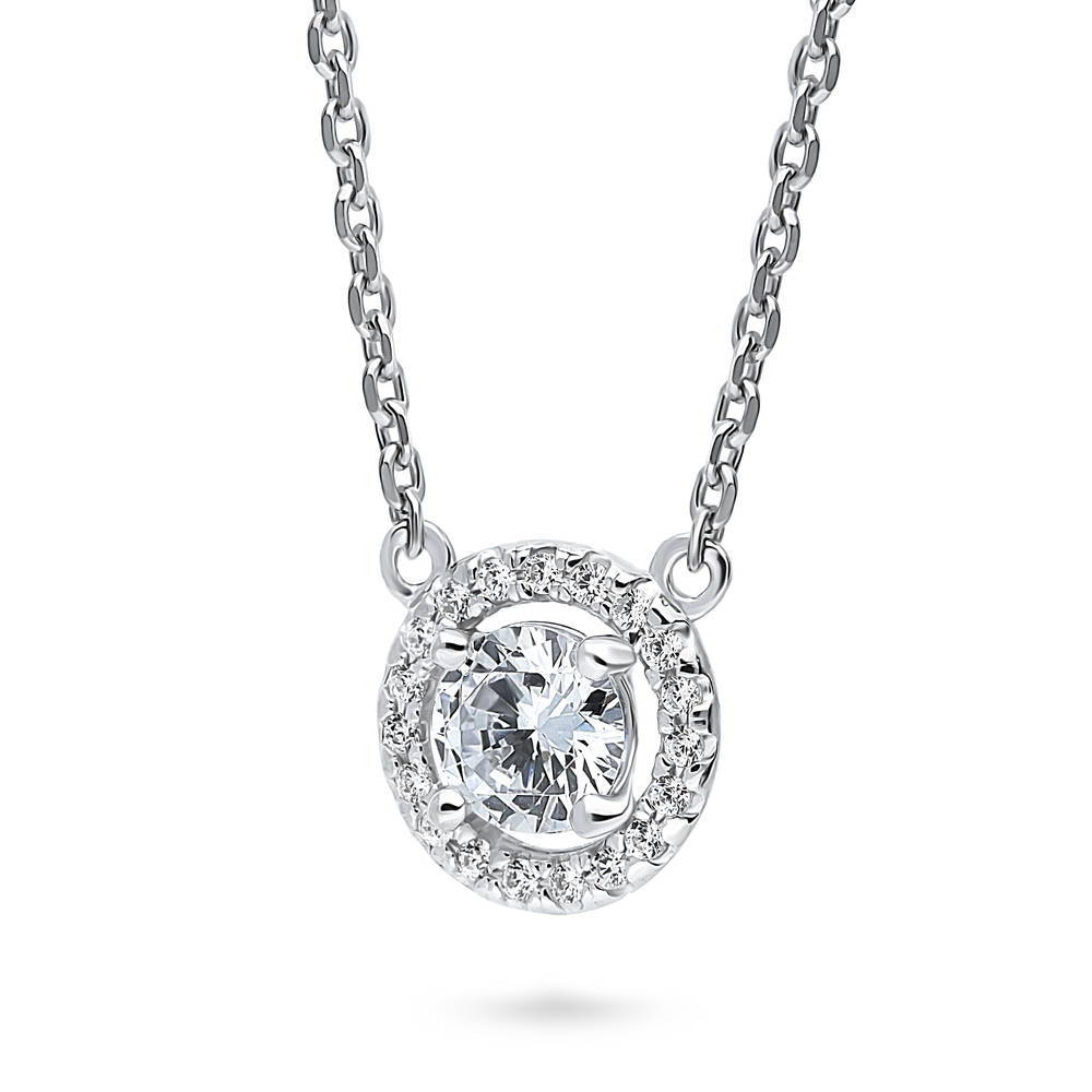 Front view of Halo CZ Pendant Necklace in Sterling Silver, 5 of 12